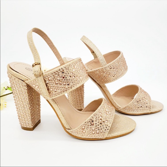 Shoes - Champagne Block Heel Sandal Ankle Strap with Rhinestones